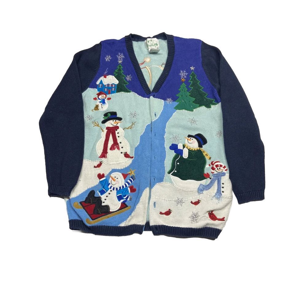 Quacker Factory Womens Blue‎ Snowmen Christmas Cardigan Knit Sweater Medium LS
